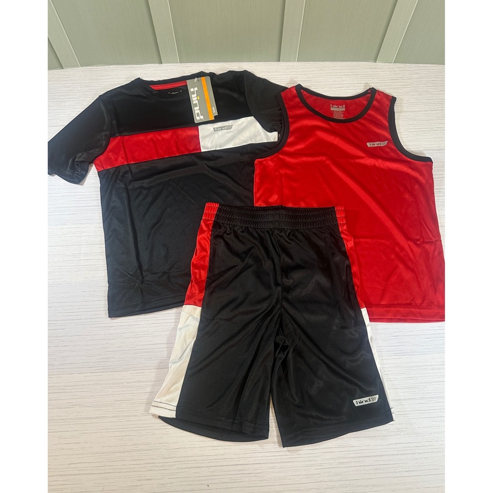 Hind Boys 3 Piece Activewear Set Size L 7 Red Black White Shirt Tank Shorts NWT